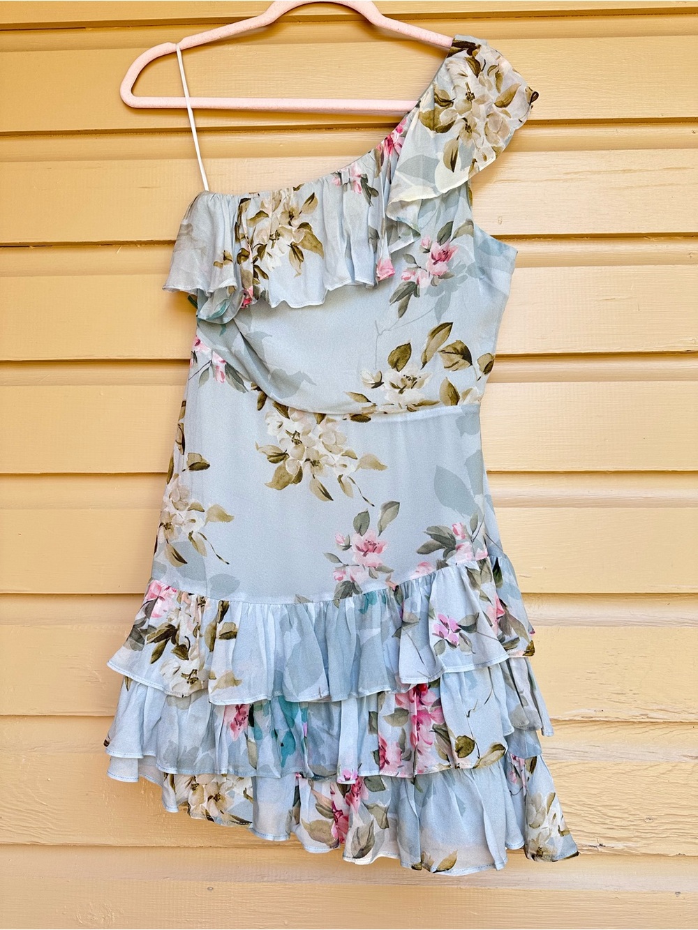 Yumi Kim One Shoulder Dress Floral Ruffle Skylar Size XS Blue